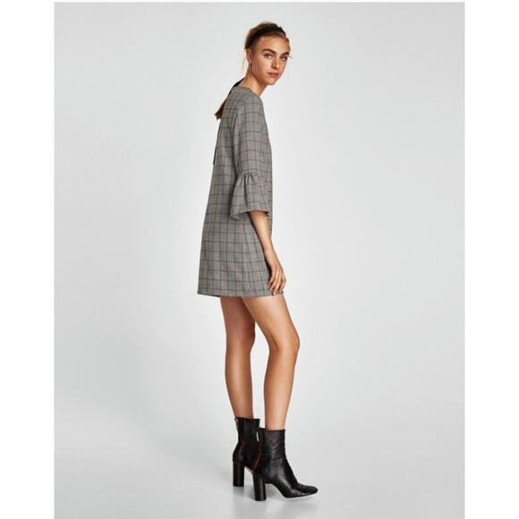 Zara Black & White Glen Check Plaid Long Sleeve Bell Sleeve Dress Medium - Picture 3 of 8